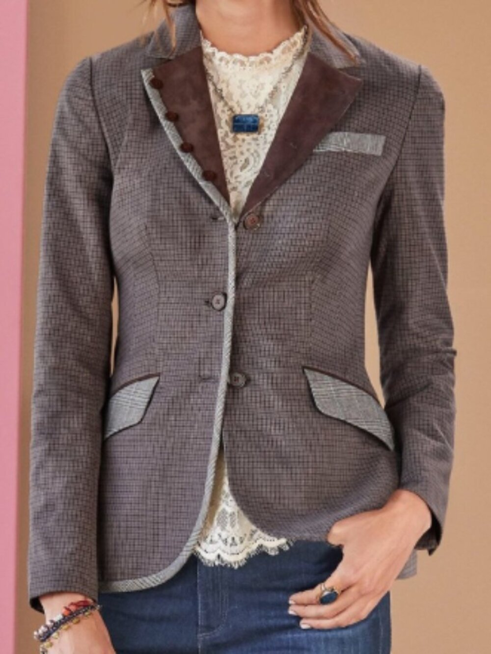 Sundance Quincy Blazer, Plaid, Suede Lapels, Mixed Media - Womens Petite Small